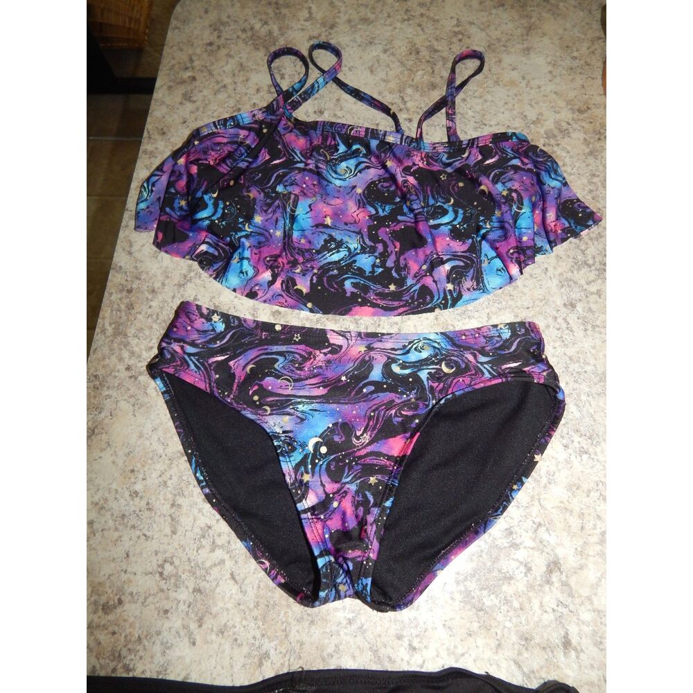 More Than Magic girls large 10/12 black purple cosmic star galaxy 2pc bikini